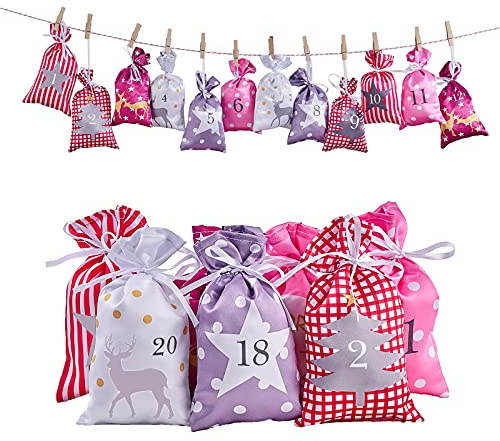 Adventskalender zum Befüllen Groß (12x21cm), 24 Stoffbeutel Kette zum selber Basteln und Aufhängen, 2024 Weihnachtskalender Selbstbefüllen Geschenksäckchen für Kinder Mädchen Frauen