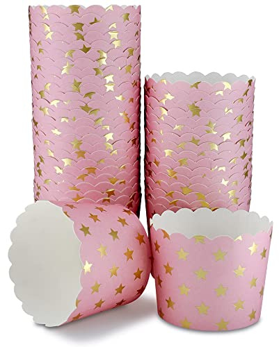 Frau WunderVoll® 50 Muffin Backformen, rosa goldene Sterne, Durchmesser 6,1 cm/Muffinbackform, Muffinform, Cupcakeformen, Backförmchen, Cupcake Formen, Muffin Förmchen Papier