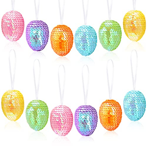 Sprinlot Deko Ostereier Plastik,12 Osterdeko Eier Bunt,Osterdeko Eier zum Aufhängen,Deko Ostereier Glitzer,Behang Ostereier Pastell,Dekoeier Ostern Anhänger Glänzend, Ostereier für Draußen und Innen