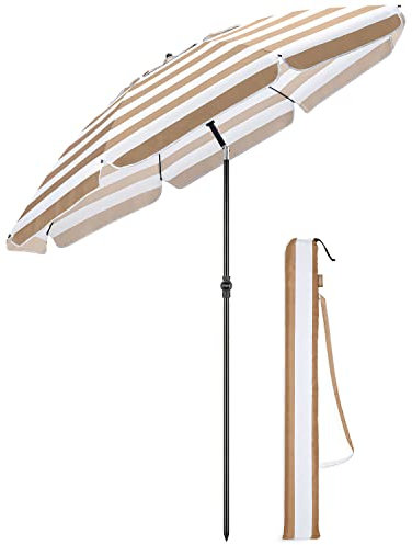 CHRISTOW Beach Umbrella Portable Tilting Parasol Sun Shade with UV Protection and Bag 2m (Taupe and White Striped)
