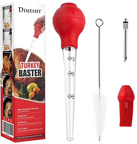 DIMESHY Turkey Baster Food Grade for Cooking & Basting, Detachable Round Bulb, Baster Cooking Good for Meat Poultry Beef Chicken, with Cleaning brush, inject needle, Basting brush(red)