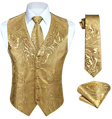 HISDERN Herren FLoral Hochzeit Weste Krawatte Einstecktuch Taschentuch Jacquard Weste Anzug Set