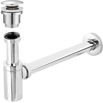 Inbagno Sifone lavabo Bagno Cromato, Completo di piletta Click clack Universale, Attacco Universale (Tondo)