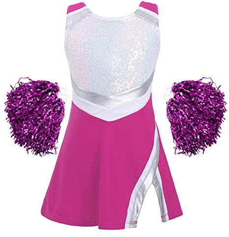 Alvivi Cheer Leaderin Kostüm Kinder Mädchen Cheerleading Schulmädchen Uniform Kleid mit Pompoms Halloween Karneval Fasching Partykleid A Rose 122-128