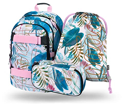 Baagl skolryggsäck set flickor 3 delar, skolväska från 3 år. Klasse, grundskola skolväska med bröstbälte, ergonomisk skolväska, Skate Leafs, Skolryggsäck set