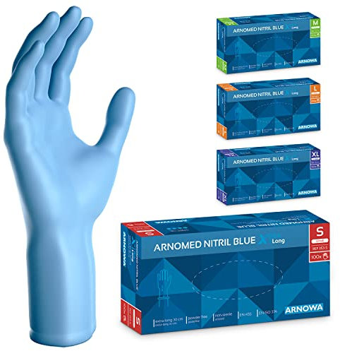 ARNOMED Guanti nitrile monouso blu extra lunghi, Guanti monouso lunghi 30 cm in S, Guanti monouso nitrile extra spessi, 100 pz/scatola, guanti nitrile resistenti usa e getta lunghi S, M, L & XL