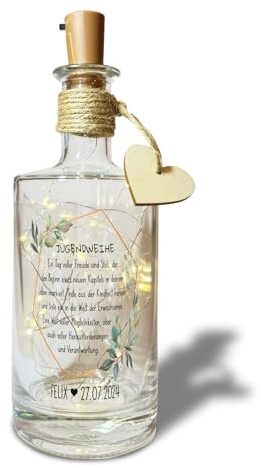 Yuweli Geschenk zur Jugendweihe Flaschenlicht zur Jugendweihe personalisiert mit Namen und Datum für Mädchen oder Junge Geschenk LED Deko