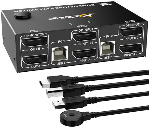 8K@30Hz 4K@144Hz KVM Switch 2 PC 2 Monitore, Dual Monitore KVM Switch DP für 2 PC Teilen Sie 2 Monitore und 4 USB-Geräte, kabelgebundene Fernbedienung und 2DP+2USB-Kabel im Lieferumfang enthalten