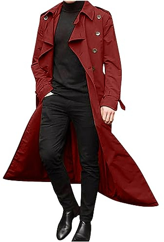 AMhomely Double Breasted Overcoat Men Casual Slim Fit Jacket Lightweight Casual Long Windbreak Solid Lapel Trench Coat Business Casual Coat Long Jacket for Work Holiday Coat for Man Red XXL
