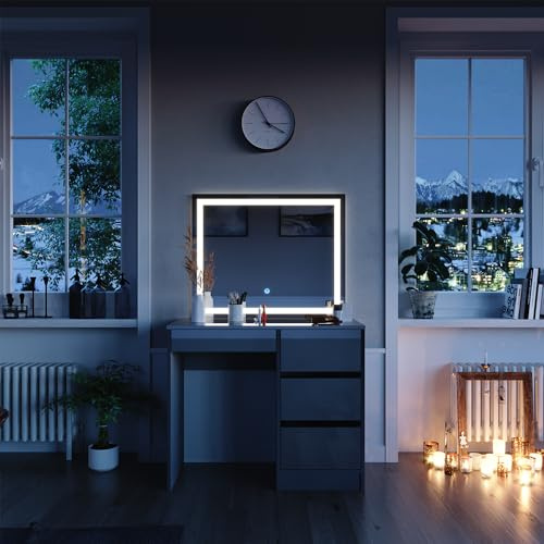 Vicco Schminktisch-Set Sherry, Grau Hochglanz, 90 cm | mit LED-Spiegel, mit LED-Beleuchtung und passendem Sitzhocker