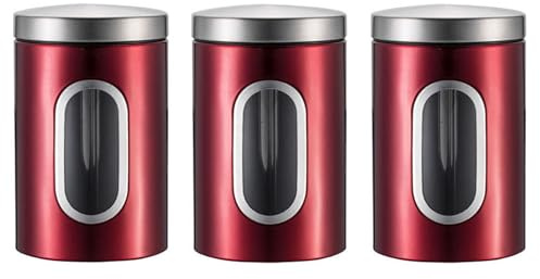 Tea Coffee Sugar Jar 1500ml Kitchen Canister Set 3Pcs Stainless Steel Red | Airtight Storage Jars, Viewing Window Included, Durable Stainless Steel, Keeps Food Fresh