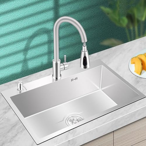 Lavello Cucina in Acciaio Inox 1 Vasca Lavabo da Appoggio, Incassoda o Filotop,Lavello Vasca Singola Durevole con Rubinetto Estraibile + cestello telescopico (75x45cm)