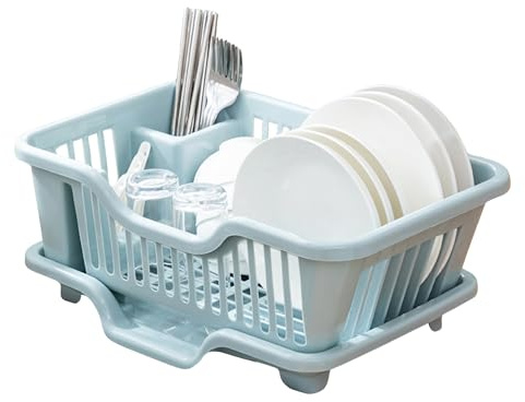 Qualiware Dish Drainer Space Saving Dish Drying Rack Kitchen Counter, Durable Plastic Kitchen Drying Rack with a Cutlery Holder, Drip Tray Knives and Forks Blue, Green & White
