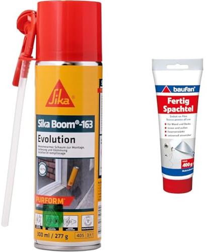SIKA - Montageschaum - SikaBoom-163 Evolution weiss & Baufan Fertigspachtel Weiß 400g I Für Wand- und Deckenflächen im Innen- & Außenbereich I Faserverstärkt für hohe Festigkeit I Härtet rissfrei aus