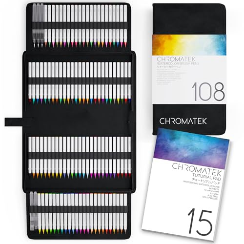 CHROMATEK 108 Watercolor Pens Set | Including 15 Page Pad & Online Video Tutorial Series | 4 Aquapens & 100 Unique Colors | Real Brush Pens | Easily Blendable, Vivid and Smooth