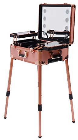 Kosmetikkoffer Groß Friseurkoffer Profi Schminkkoffer Damen Beauty Case Hartschale Mobil Kosmetik Trolley Tattoo Make Up Koffer Alu Nagelkoffer mit Rollen, Beleuchtung, Spiegel & verstellbare Beine