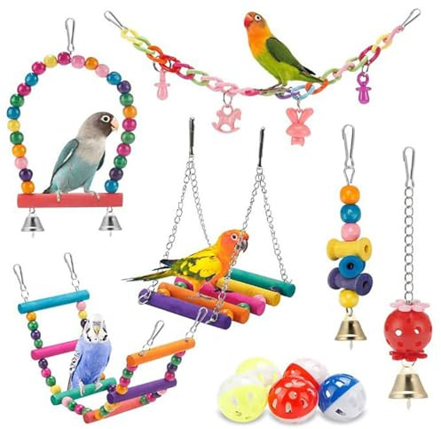 DeryArcle 11 Stück Papageienspielzeug, Vogelspielzeug Vogel Papagei Schaukel Kletternde Vogelspielzeuge Spielzeug Mit Hängenden Glocken, Für Kleine Sittiche Wellensittich Sittiche (11-teiliges Set)