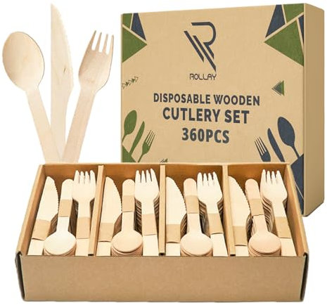 Rollay 360 PCS Disposable Wooden Cutlery Set - Biodegradable Disposable Cutlery Set with 120 Spoons 120 Forks, and 120 Knives, Compostable Cutlery Wooden Utensils for Any Occasion