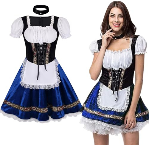 maxToonrain Oktoberfest - Vestido bávaro de terciopelo con mangas abombadas, bordado foral, ribete de encaje, delantal y gargantilla para Halloween, fiestas temáticas y festivales de cerveza (azul, M)