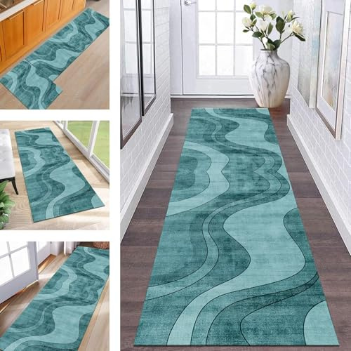 ZESEWU Teppich Läufer 40X150CM Türkis Abstrakt Rutschfest Waschbar Teppichläufer für Flur, Küche, Schlafzimmer, Wohnzimmer, Küchenläufer