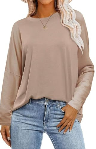 SOADKP Damen T-Shirt Oversize Oberteile Langarm Rundhals Lose Tops Elegant Bluse Tunika (braun/M)
