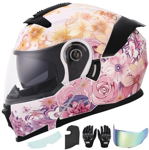 OUMURS Pink Modular Motorcycle Helmets Full Face Flip up Street Bike Motorcycle Helmet for Unisex Adult Flower Sea - M