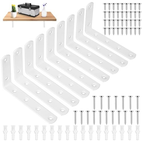 9 Pcs Soporte Estanteria Pared Negros, 125mm Soporte Baldas Pared Metalica, Soportes para Estanterías, Soportes en L para Estantes, Escuadras para Estanterias (Blanco, 125x75mm)