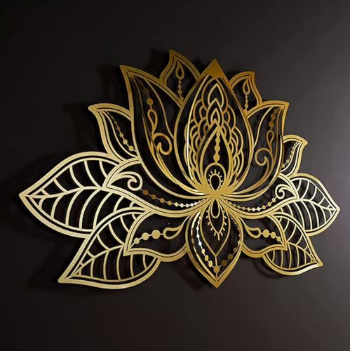 ZWESKUX Große Wanddekoration, Metall-Lotusblumen-Wandkunst, Meditation, Yoga, Heimdekoration, für Wohnzimmer, Schlafzimmer, Büro und Yoga-Raum,68x44cm,Gold