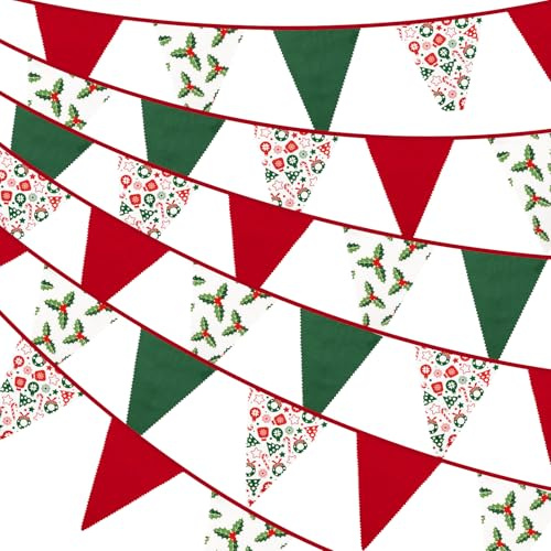 Weihnachts-Wimpelkette aus rotem und grünem Stoff, dreieckige Flagge, Vintage-Stil, Weihnachtsdekoration, für Kamin, Tür, Fenster, Wand, 36 Stück