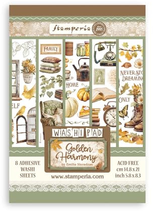 Stamperia - Washi Pad for Scrapbooks, Albums, Cards, Bullet Journals and More, Translucent and Easy to Cut, Acid Free, Perfect for Hobbies, Crafts, and Gifting (Golden Harmony) (A5) (8 hojas)