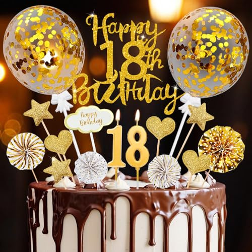 Tortendeko 18. Geburtstag Mädchen Junge, Happy 18th Birthday Kuchendeko | 18ter Cake Topper mit Geburtstagskerzen, für 18 Geburtstag Deko Kuchen Deko, Tortendeko Gold Deko 18 Geburtstag