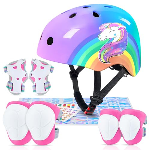 MHJY Casco Bici Bambina 3-8 Anni Casco Bicicletta Bambino Regolabile Ginocchiere e Gomitiere e Polsiere Protezioni Pattini per Skateboard Skate Moto Monopattino per Ragazze e Raga