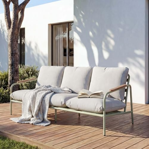 Mendler Aluminium-Gartenbank HWC-O11 184cm Stoff - hellgrün Polster beige | Outdoor, 3-Sitzer, Sitzbank, Sofa, Olefin, (205, g/m²)