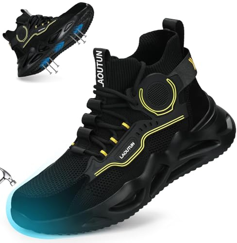 LAoutun Safety Trainers Comfortable Steel Toe Cap Trainers Mens Safety Shoes Lightweight Work Boots for Men Industrial Protective Work Shoes Dark Black