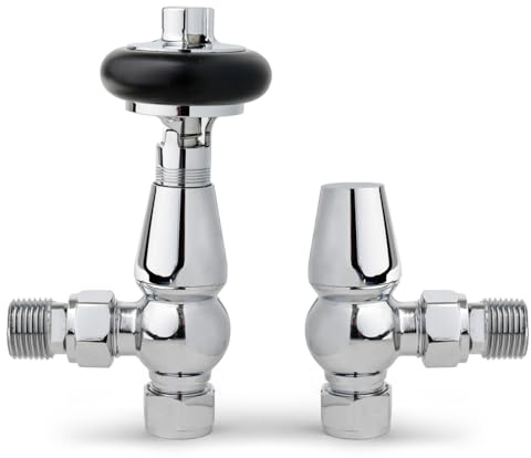 Chrome Traditional Angled Radiator Valves Antique Radiator Valves 15mm x 1/2 for Heated Towel Rails & Central Heating Radiators Wood Head Brass Radiator Valve Set
