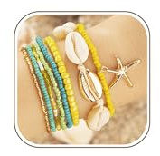 LOCCY Summer Beach Bracelets for Women, 7 pcs Starfish Shell Summer Beach Beaded Bracelet Set Bohemian Multi-Layer Bracelets Stackable Bohemian Beaded Bracelet Ankle Bracelets Jewelry Gift
