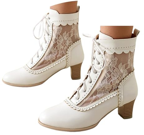 Xbemkste Botines para mujer, estilo vintage, estilo victoriano, con cordones, de ternero medio, para vestido de novia, botas elegantes de caña corta
