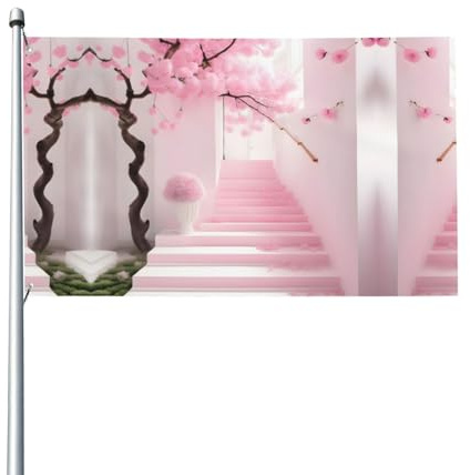 Scala con fiori di ciliegio rosa Stampe bandiere decorative per esterni 0,9 x 1,5 m leggere e belle adatte per cortili esterni e celebrazioni di festival.