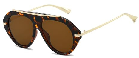YAMEIZE Retro Metal Pilot Sunglasses for Women Men Vintage Style Double Bridge Round Glasses UV400 Protection Shade Driving (Leopard Brown)