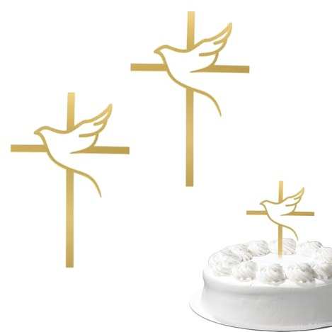 2pcs Cross Cake Toppers Holy Communion Cake Decorations Gold Acrylic Cross Dove Topper Religious Decor for Holy Communion Confirmation Christening