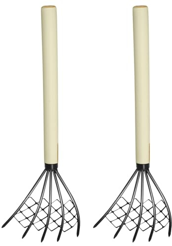 LAPYAPPE Rastrillo Manual de 5 Dientes de Hierro con Mango de Madera, Herramienta Ligera para Excavar Conchas, Mariscos y Almejas en Playa, Paquete de 2 Unidades para Pesca y Actividades