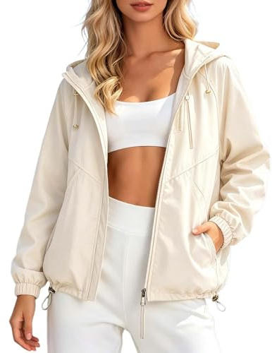 Blouson Anti-Pluie Femme Modèle Court à Capuche Veste Coupe Vent de Pluie Tissu Léger Séchage Rapide Couleur Unie Tendance Manteau Imperméable pour Cyclisme, Randonnée, Voyages, Vacances Estivales