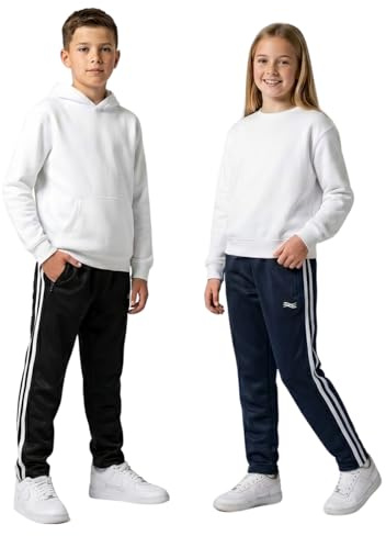 Pack of 2 Boys Tracksuit Bottoms Kids Joggers Unisex Elasticated Waist Jogging Trousers Silky Lightweight Sports Gym Open Hem Pants with Zip Pockets Age 2-13 Years