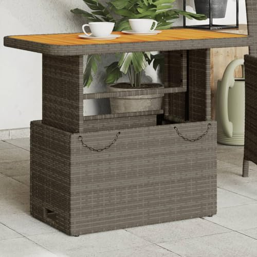 Kaloriko Gartentisch Grau 90x55x71 cm Poly Rattan und Akazienholz verstellbar wetterfest stabil für Terrasse Balkon Outdoor Loungetisch Beistelltisch Esstisch