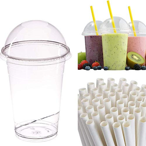 AIOS Avenue's Reusable PET Smoothie Cups with Dome Lids and Paper Straws. 400ml/14oz. Pack of 50