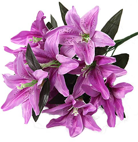 Artfen Artificial Lily 10 Heads Fake Lily Artificial Flower Wedding Party Decor Bouquet Home Hotel Office Garden Craft Art Decor Purple