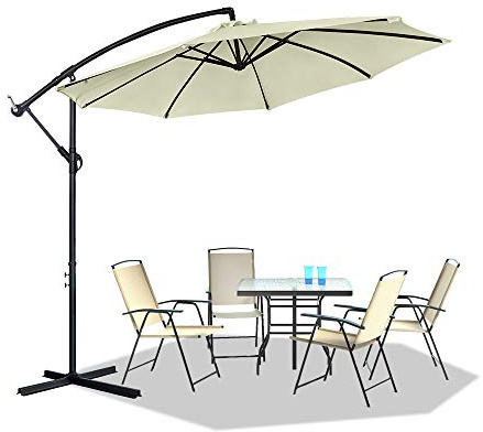 LARS360 Sombrilla Parasol Excéntrico Banana para Terraza Jardín Balcón Mástil de Aluminio y 100% Poliester Tela, con Base de Cruz, Color Beige ø350cm Protección UV y Impermeable