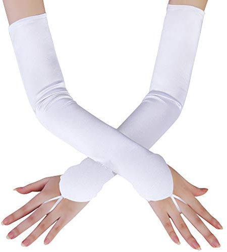 Coucoland Damen Satin Classic Opera Fest Party Audrey Hepburn Handschuhe - 1920s Lang Kurz Elastisch (Fingerlos Glatt/Weiß)