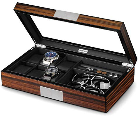 Lifomenz Co Boîte à bijoux pour homme à 6 emplacements, 6 boîtiers de montres, 8 paires de boutons de manchette et lunettes de soleil, grande vitrine en bois avec fenêtre en verre véritable