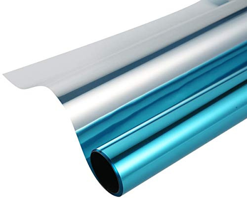 Privacy Window Film One Way Mirror Adhesive Reflective Window Tint Anti UV Heat Control Glass Film for Home and Office Daytime Privacy Protection 17.7Inch x 10Feet, Silver&Blue